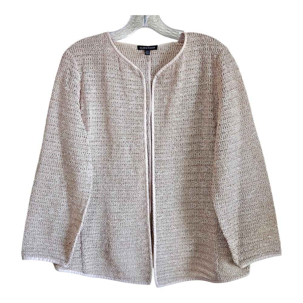 EILEEN FISHER M Cardigan Crochet Raffia Beige Lightweight Italian Fabric 40"